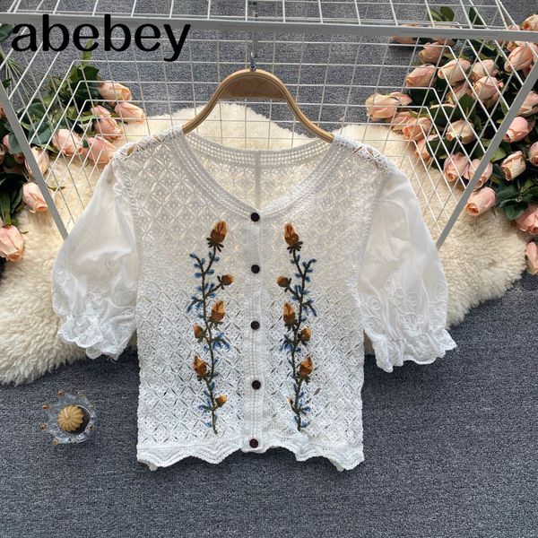 women design korean blouse casual fashion chiffon puff sleeve spring chic splice hook flower knitted blouses 210512, White
women design korean blouse casual fashion chiffon puff sleeve spring chic splice hook flower knitted blouses 210512, White