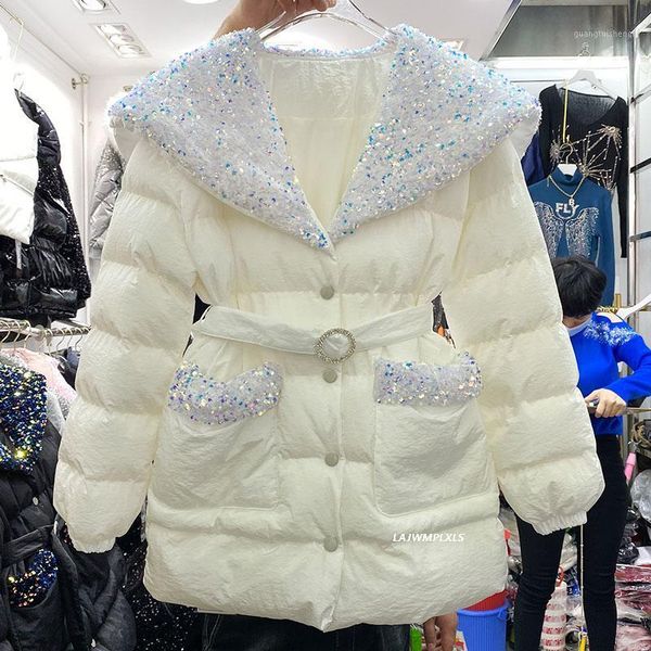 women's down & parkas korean 2021 sweet black/white winter jacket women with belt lapel sequined cotton coat padded girls lady parka ou 
women's down & parkas korean 2021 sweet black/white winter jacket women with belt lapel sequined cotton coat padded girls lady parka ou