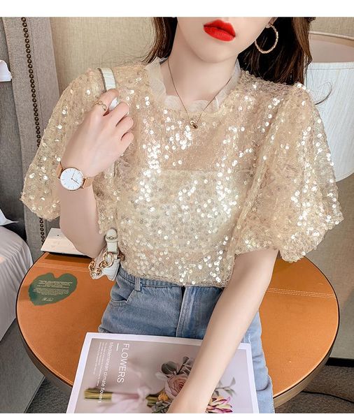 girls puffy sleeve bling glitter sparkling shirts preppy stylish korean kawayi cute women's t-shirt, White
girls puffy sleeve bling glitter sparkling shirts preppy stylish korean kawayi cute women's t-shirt, White