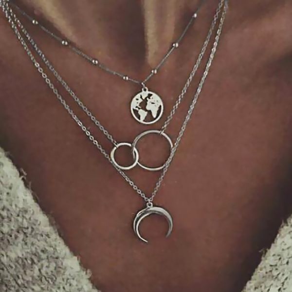 fashion geometric three-layer necklace circle water droplet horns moon hollow world map long clavicle chain, Silver
fashion geometric three-layer necklace circle water droplet horns moon hollow world map long clavicle chain, Silver