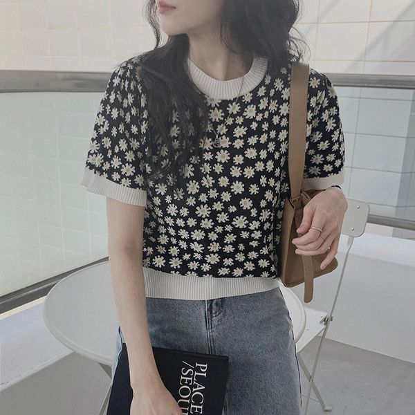 knitted women t shirt floral summer short sleeve clothing korean chic fashion o-neck pullover vintage casual print, White
knitted women t shirt floral summer short sleeve clothing korean chic fashion o-neck pullover vintage casual print, White