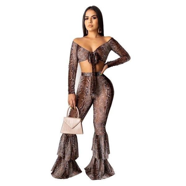 two piece dress fashion tie up women set snakeskin print crop and flare pant 2 pieces club outfits for, White
two piece dress fashion tie up women set snakeskin print crop and flare pant 2 pieces club outfits for, White