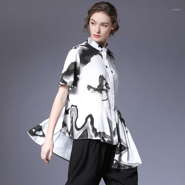 women's blouses & shirts summer loose oversize women short sleeve stand-up collar ink print irregular button casual shirt female clothi, White 
women's blouses & shirts summer loose oversize women short sleeve stand-up collar ink print irregular button casual shirt female clothi, White