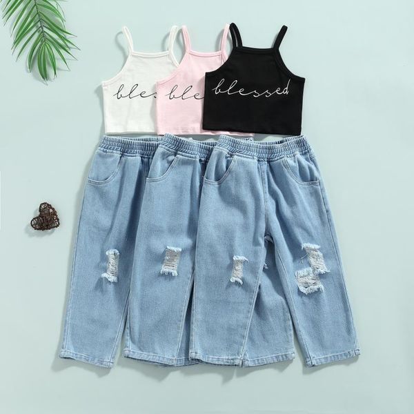 clothing sets 2 pcs toddler casual outfits, girls short letter print halter tank + ripped jeans with pockets 2-7t, White
clothing sets 2 pcs toddler casual outfits, girls short letter print halter tank + ripped jeans with pockets 2-7t, White
