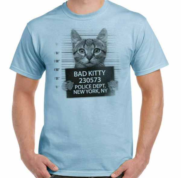 cat t-shirt bad kitty mens funny mugsyoungman kitten pet animal jail, White;black