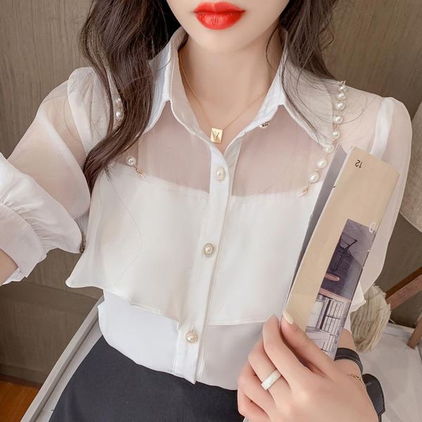 women's blouses & shirts 2021 summer korean female pearl chain ruffled chiffon stitching blouse single breasted shirt for women fairy, White
women's blouses & shirts 2021 summer korean female pearl chain ruffled chiffon stitching blouse single breasted shirt for women fairy, White
