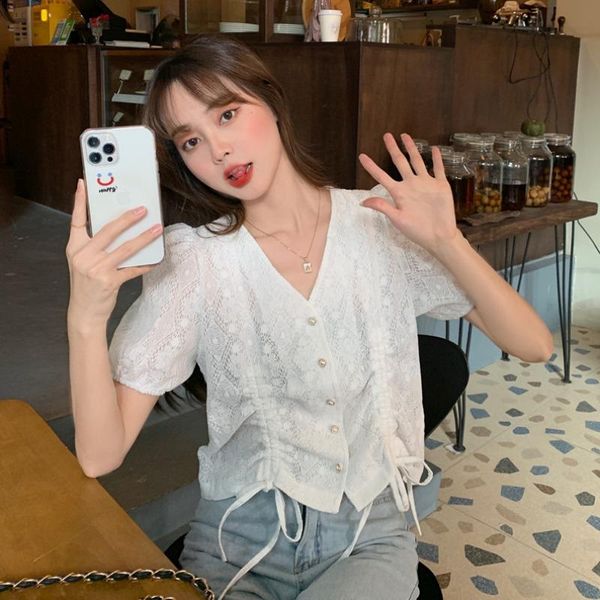 women's t-shirt design sense drawstring v-neck short slim slimming western style long-sleeved shirt women, White
women's t-shirt design sense drawstring v-neck short slim slimming western style long-sleeved shirt women, White