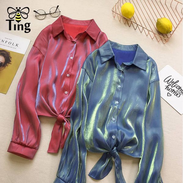 women casual autumn spring blouse gradient color knotted short shirt glitter satin long sleeve cropped blouse streetwear 210513, White
women casual autumn spring blouse gradient color knotted short shirt glitter satin long sleeve cropped blouse streetwear 210513, White