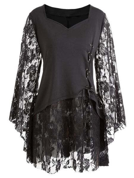 large women's v-neck s lace flared sleeve hollow skirt, Black;gray