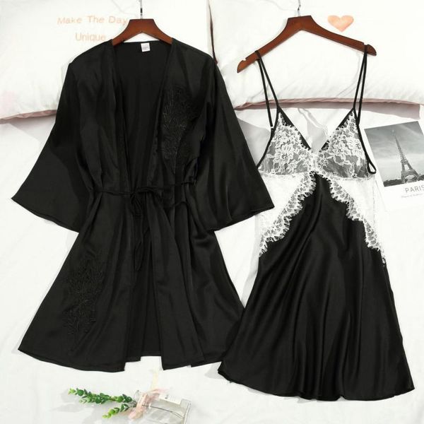 women's sleepwear lace patchwork 2pcs nighty&robe set perspective kimono gown satin bathrobe lady intimate lingerie silky home clothes, Black;red
women's sleepwear lace patchwork 2pcs nighty&robe set perspective kimono gown satin bathrobe lady intimate lingerie silky home clothes, Black;red