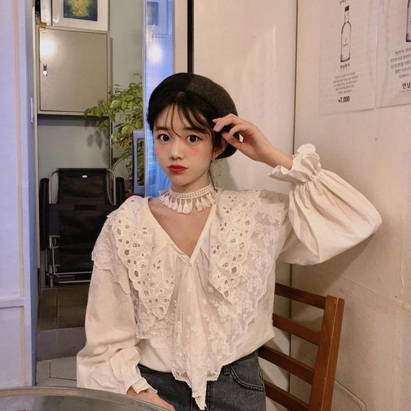 women's blouses & shirts spring autumn sweet clothing korean lace ruffles woman v-neck oversize blusas mujer de moda, White 
women's blouses & shirts spring autumn sweet clothing korean lace ruffles woman v-neck oversize blusas mujer de moda, White