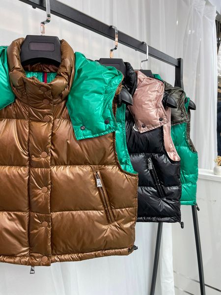 luxury french women's vest down jacket maya france brand designer pocket hooded turtleneck collar hidden button vests, Black;white
luxury french women's vest down jacket maya france brand designer pocket hooded turtleneck collar hidden button vests, Black;white
