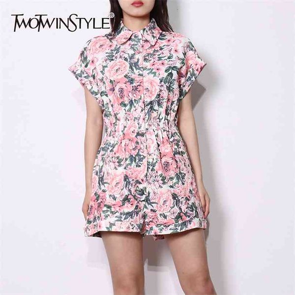 casual print floral playsuit for women lapel short sleeve high waist loose playsuits female summer fashion 210521, Black;white