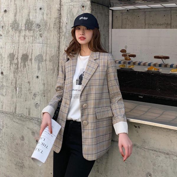 women's suits & blazers 2021 women spring casual fashion business suit female plaid print cotton ladies slim elegant coats, White;black
women's suits & blazers 2021 women spring casual fashion business suit female plaid print cotton ladies slim elegant coats, White;black