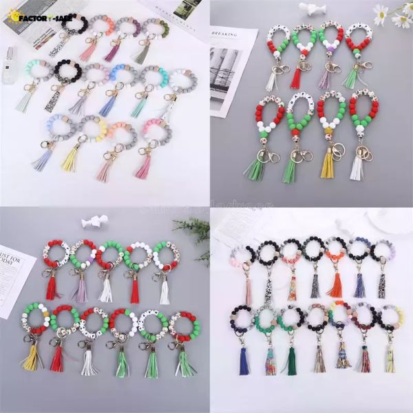 47 Color Beaded Keychain Party Favor Wooden Tassel String Chain Food Grade Silicone Bead KeyRing Women Wrist Strap Bracelet FS22
47 Color Beaded Keychain Party Favor Wooden Tassel String Chain Food Grade Silicone Bead KeyRing Women Wrist Strap Bracelet FS22