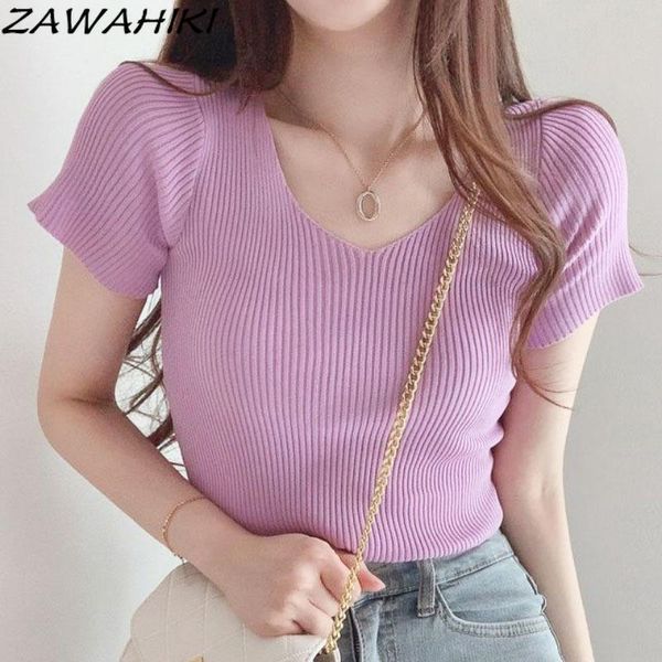 women's t-shirt zawahiki elegant simplicity ice silk knitted pullover women summer v neck short sleeve slim bodycon solid all-match, White
women's t-shirt zawahiki elegant simplicity ice silk knitted pullover women summer v neck short sleeve slim bodycon solid all-match, White