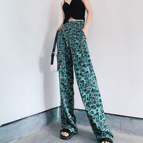 women's pants & capris women leopard green color pockets casual loose wide leg female chic high waist summer spring long trousers panta, Black;white