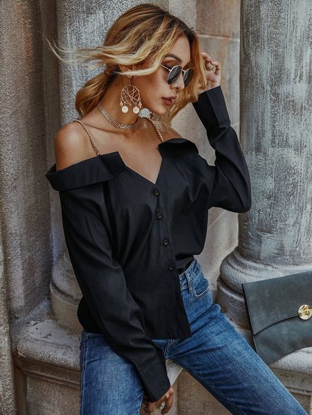 chain cold shoulder solid blouse x6he#, White