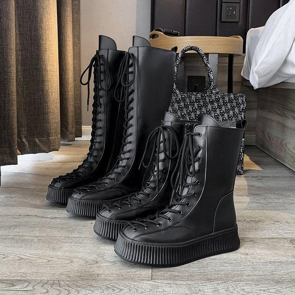 boots medium boot 2021 lace-up slimming platform street s hipster, Black