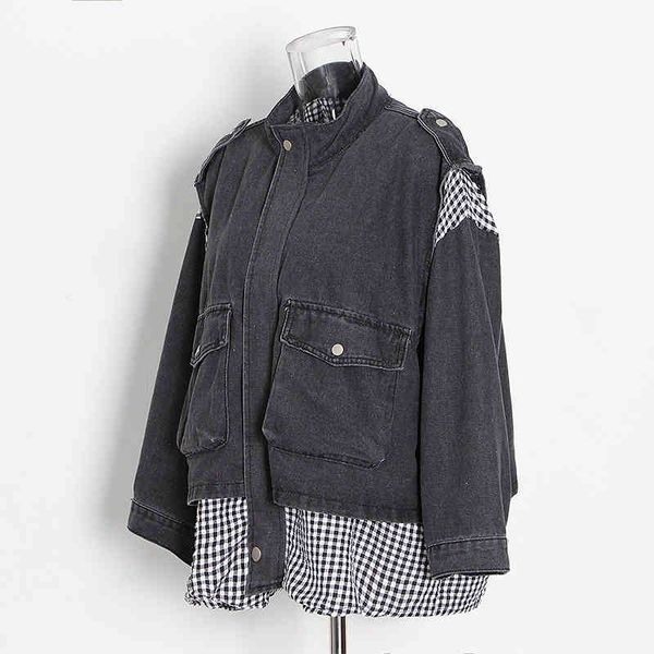 casual patchwork pocket denim jacket for women lapel long sleeve print plaid korean jackets female fashion tide, Black;brown
casual patchwork pocket denim jacket for women lapel long sleeve print plaid korean jackets female fashion tide, Black;brown