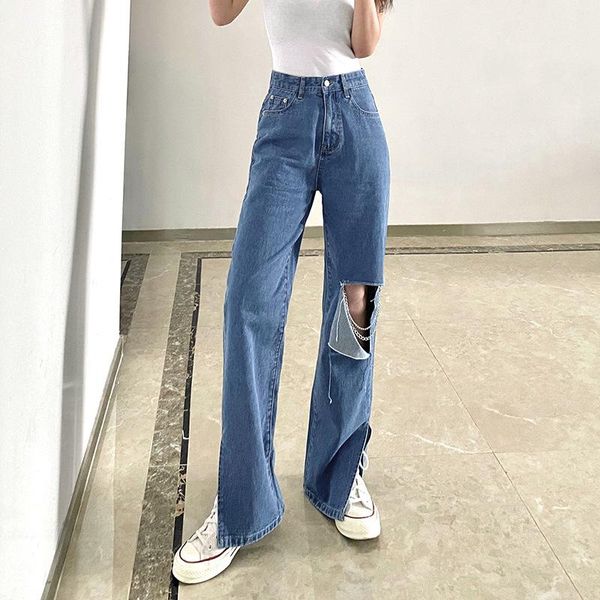 women's jeans hole denim pants personalized street style design ripped chain 2021 summer irregular high waist straight leg trousers, Blue
women's jeans hole denim pants personalized street style design ripped chain 2021 summer irregular high waist straight leg trousers, Blue