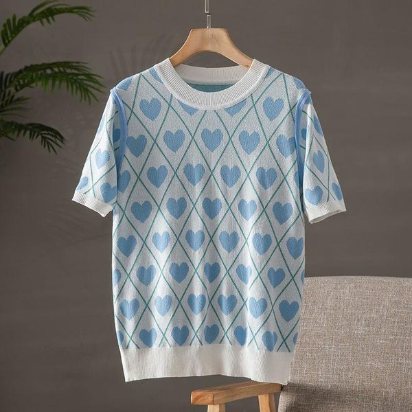 women's t-shirt 2021 summer women o-neck short sleeve color block fashion heart pattern blue casual ice silk pullover knitted y297, White
women's t-shirt 2021 summer women o-neck short sleeve color block fashion heart pattern blue casual ice silk pullover knitted y297, White