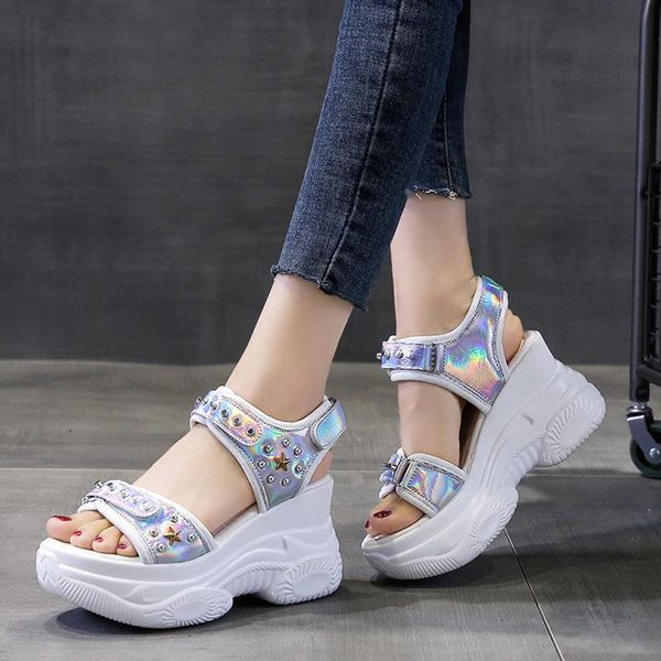 sandals silvery reflective pu leather sewing rivet hook & loop wedges trend open toe platform hollowed thick bottom beach shoes, Black
sandals silvery reflective pu leather sewing rivet hook & loop wedges trend open toe platform hollowed thick bottom beach shoes, Black