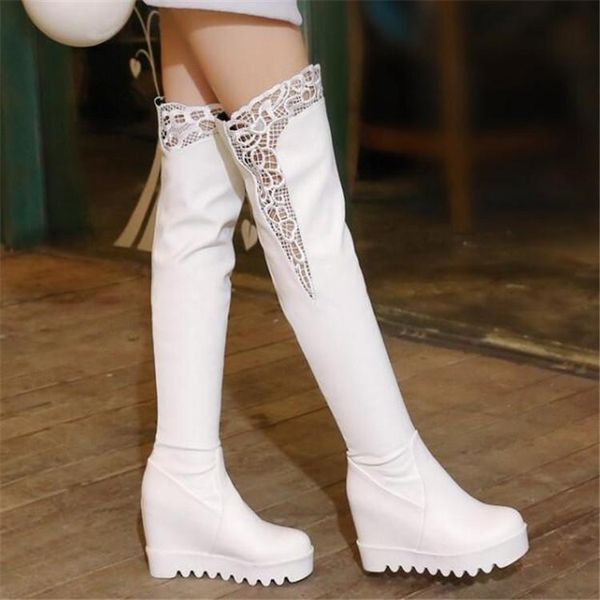 over the knee boots women platform hidden wedge high heel thigh ladies shoes black white lace fashion 34-43