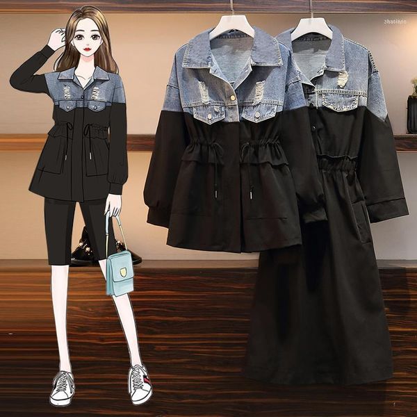 casual plus size spring autumn dress female 2021 vintage women stitching long sleeve fake two denim trench coat m2381, Tan;black
casual plus size spring autumn dress female 2021 vintage women stitching long sleeve fake two denim trench coat m2381, Tan;black