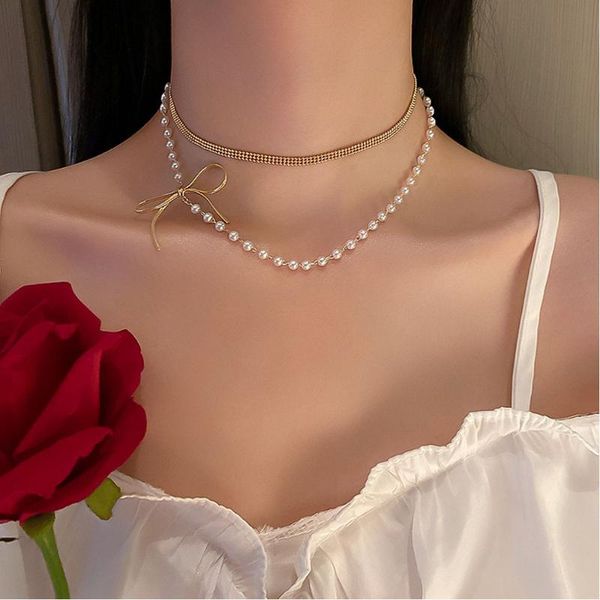 fashion pearl bow double necklace clavicle chain temperament women pendant necklaces, Silver
fashion pearl bow double necklace clavicle chain temperament women pendant necklaces, Silver