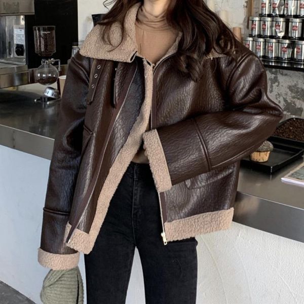 women's leather & faux lugentolo moto jacket women korean fashion loose plus velvet thick turn-down collar zipper flocking coat, Black
women's leather & faux lugentolo moto jacket women korean fashion loose plus velvet thick turn-down collar zipper flocking coat, Black