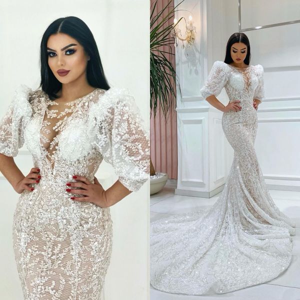 sheer v neck mermaid wedding dresses floor length bridal gowns puff half sleeve lace applique second reception gowns, White
sheer v neck mermaid wedding dresses floor length bridal gowns puff half sleeve lace applique second reception gowns, White
