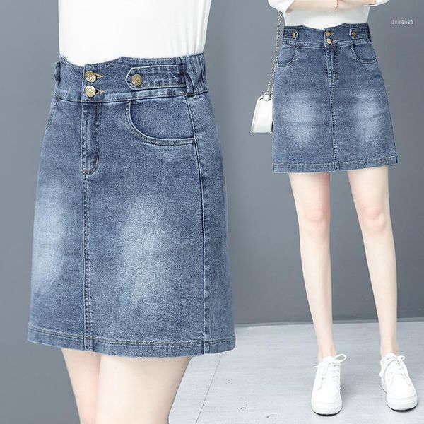 female 2021 autumn hip slim high waist all-match a- character denim skirt1, Black