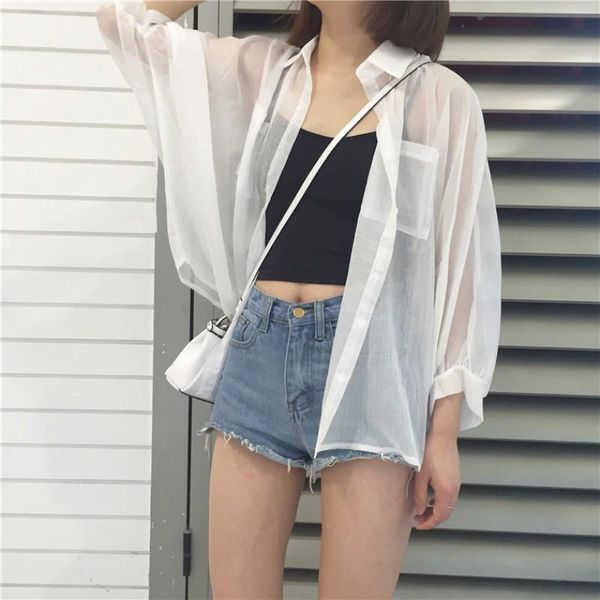 blouse woemn summer solid color sunscreen blouses transparent turn-down collar casual female office lady 2021 women's & shirts, White
blouse woemn summer solid color sunscreen blouses transparent turn-down collar casual female office lady 2021 women's & shirts, White