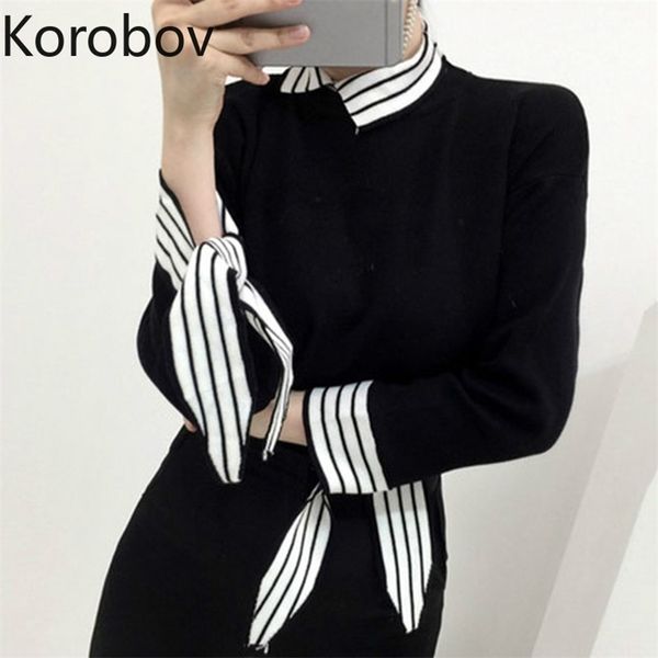 korobov vintage striped patchwork sweaters korean long sleeve turn-down collar sueter mujer new chic office lady female pullover 210430, White;black
korobov vintage striped patchwork sweaters korean long sleeve turn-down collar sueter mujer new chic office lady female pullover 210430, White;black