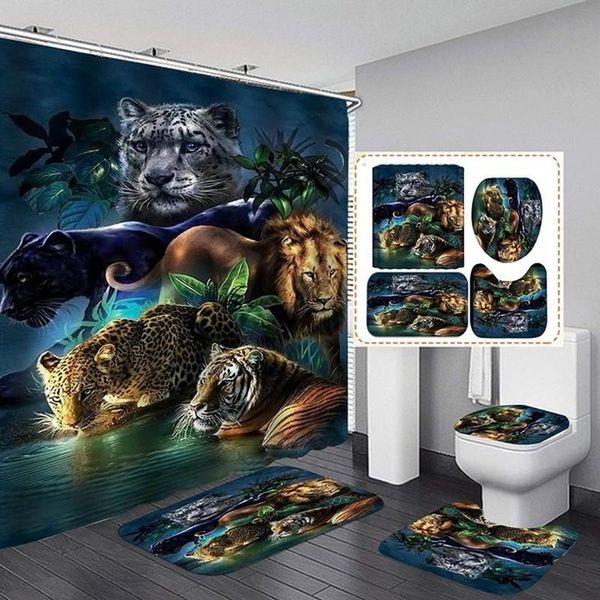 

shower curtains curtain set wild animals wolf tiger lion leopard pattern home non-slip rug toilet lid carpet bath mat bathroom decor