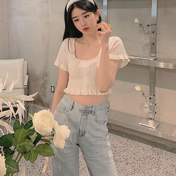 women's t-shirt women's fashion square collar hollow ruffled short section exposed navel knitted short-sleeved sweater, White
women's t-shirt women's fashion square collar hollow ruffled short section exposed navel knitted short-sleeved sweater, White