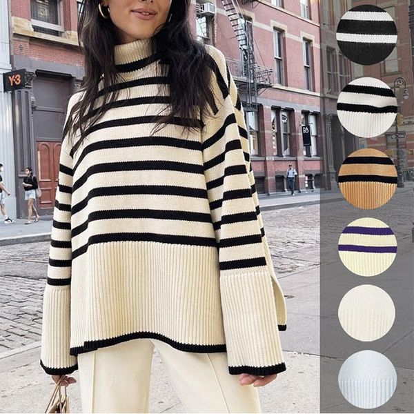 women's sweaters 2021 autumn and winter clothes ladies turtleneck knitted striped sweater korean casual loose split pullover top, White;black
women's sweaters 2021 autumn and winter clothes ladies turtleneck knitted striped sweater korean casual loose split pullover top, White;black
