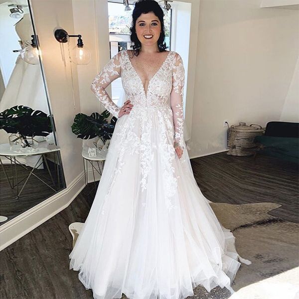 vintage long sleeves lace wedding dresses appliqued sweep train deep v neck lace-up back tulle a line bridal gowns, White
vintage long sleeves lace wedding dresses appliqued sweep train deep v neck lace-up back tulle a line bridal gowns, White