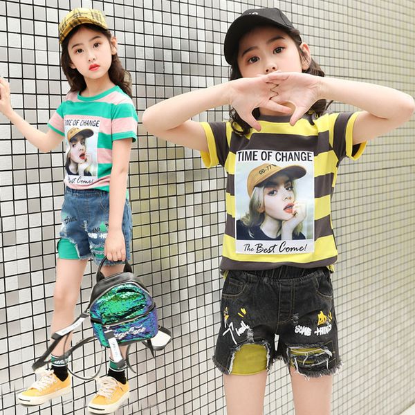children's suit summer kids set fashion girls clothing sets cotton striped shirts +denim shorts suits children's clothes 2pcs, White
children's suit summer kids set fashion girls clothing sets cotton striped shirts +denim shorts suits children's clothes 2pcs, White