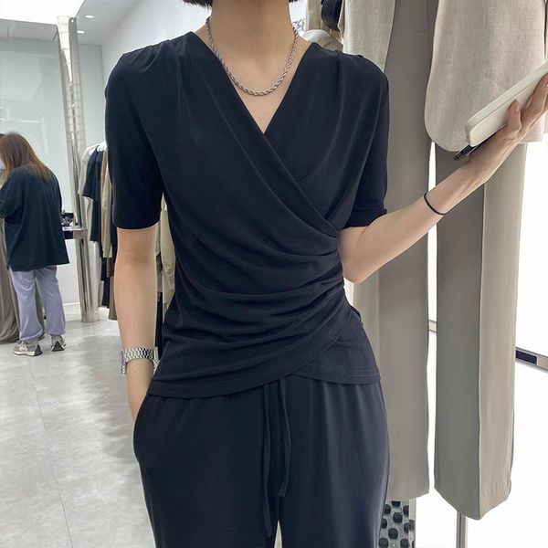 women's t-shirt short sleeve summer women design v-neck irregular folds black bottoming slim pullovers female tees, White
women's t-shirt short sleeve summer women design v-neck irregular folds black bottoming slim pullovers female tees, White