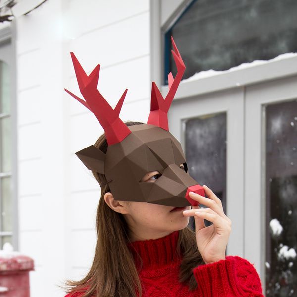 mascot doll costume 3d paper mold animal face elk deer head mask headgear halloween props woman men party role play dress up diy craft mask, Red;yellow