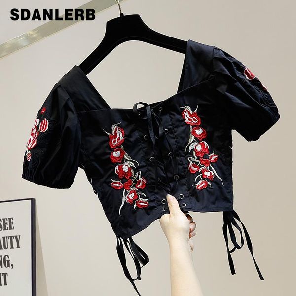 women's blouses & shirts flower embroidery sweet bubble sleeve crop women short blouse tie-waist fashion ladies slim blusas, White
women's blouses & shirts flower embroidery sweet bubble sleeve crop women short blouse tie-waist fashion ladies slim blusas, White