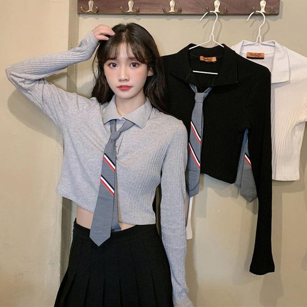 women's t-shirt japanese preppy style slim turn-down collar long sleeve knitting t-shirts clothing spring autumn hipster crop, White
women's t-shirt japanese preppy style slim turn-down collar long sleeve knitting t-shirts clothing spring autumn hipster crop, White