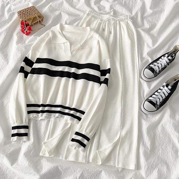 women's two piece pants striped fashion pant set women casual suit femme turn-down collar sweater + high waist wide leg matching, White
women's two piece pants striped fashion pant set women casual suit femme turn-down collar sweater + high waist wide leg matching, White