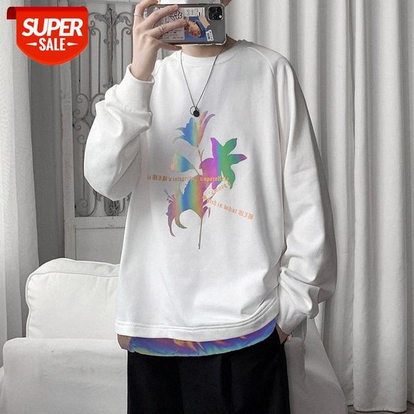 japanese fake two-piece reflective sweater men's large size loose casual couples pullover handsome jacket #la12, Black