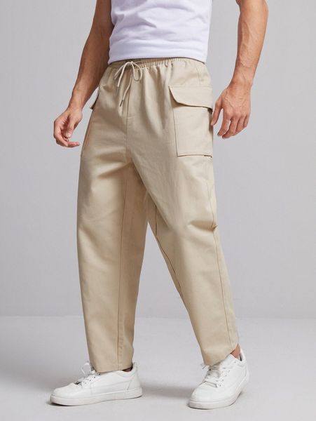 men drawstring waist flap pocket carrot pants e8o7#, Black