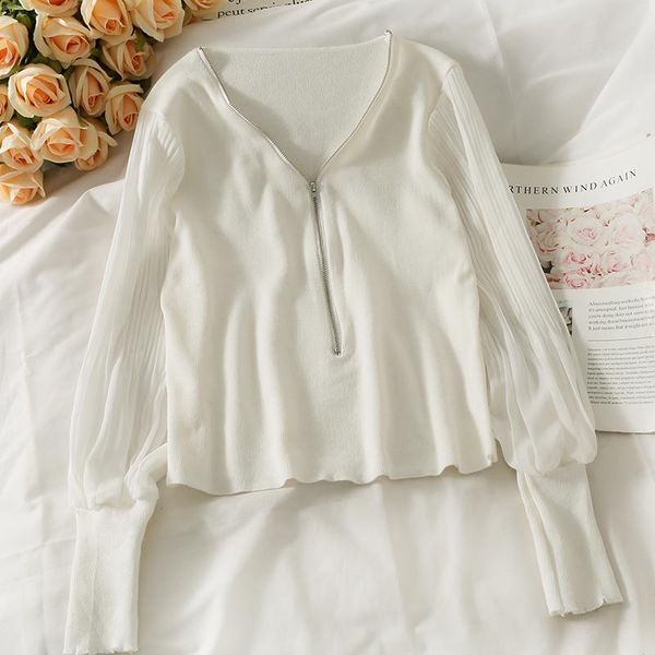 women's blouses & shirts 2021 fashion temperament autumn slim fit blusav neck puff sleeve french clavicle zipper blouse short knit swea, White
women's blouses & shirts 2021 fashion temperament autumn slim fit blusav neck puff sleeve french clavicle zipper blouse short knit swea, White