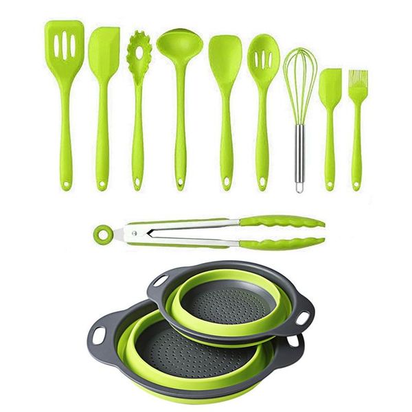 pcs kitchenware silicone heat resistant kitchen cooking tool sets & 2 x collapsible colanders (strainers) storage baskets
pcs kitchenware silicone heat resistant kitchen cooking tool sets & 2 x collapsible colanders (strainers) storage baskets