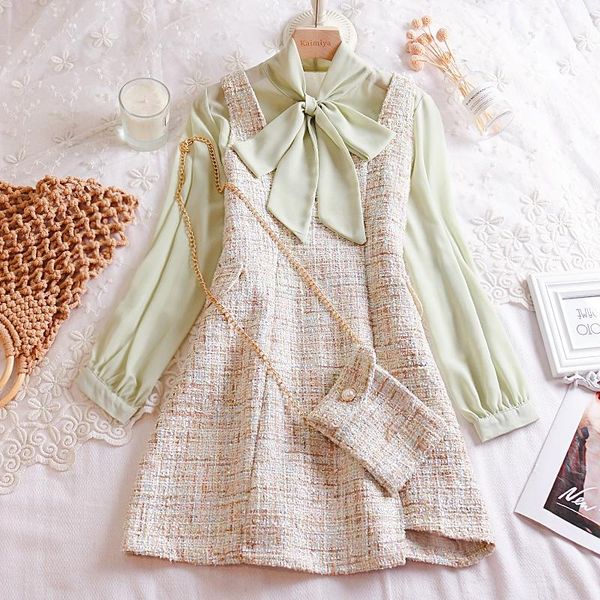 two piece dress japanese harajuku bowknot collar chiffon slim long sleeve & sling girl soft sister small fress sets korean, White
two piece dress japanese harajuku bowknot collar chiffon slim long sleeve & sling girl soft sister small fress sets korean, White